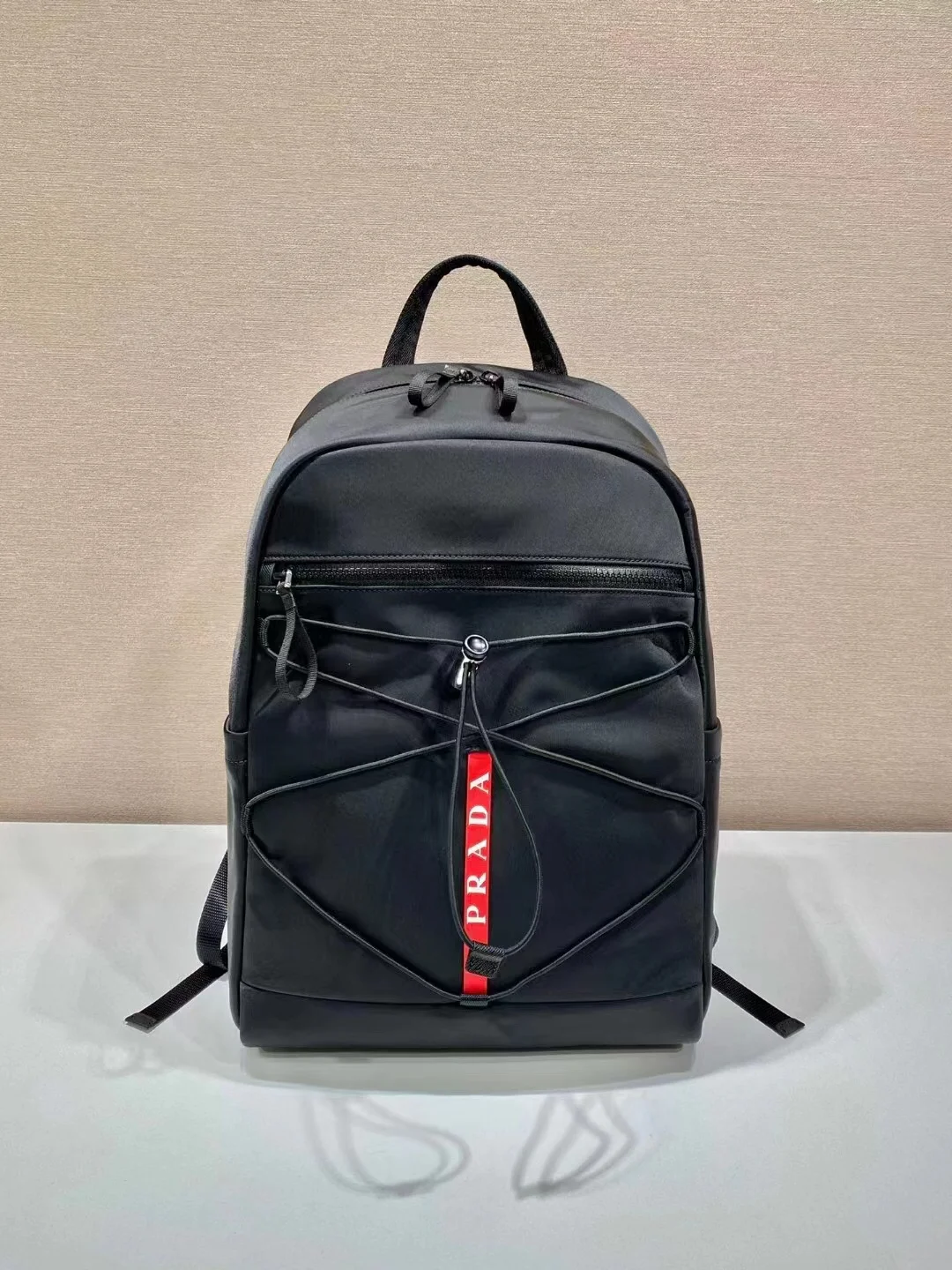 PRADA Backpacks Bags Saffiano Leather Nylon Black-Red 17X43X30CM E2010060185