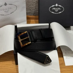 PRADA Belts Calf Leather Black-Gold 35cm Width A8010050083