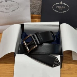 PRADA Belts Calfskin Black-Silver 35cm Width A8010050082