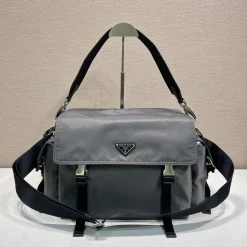 PRADA Messenger Bags Recycled Nylon Leather Grey-Black 42X22X20CM E2010060299