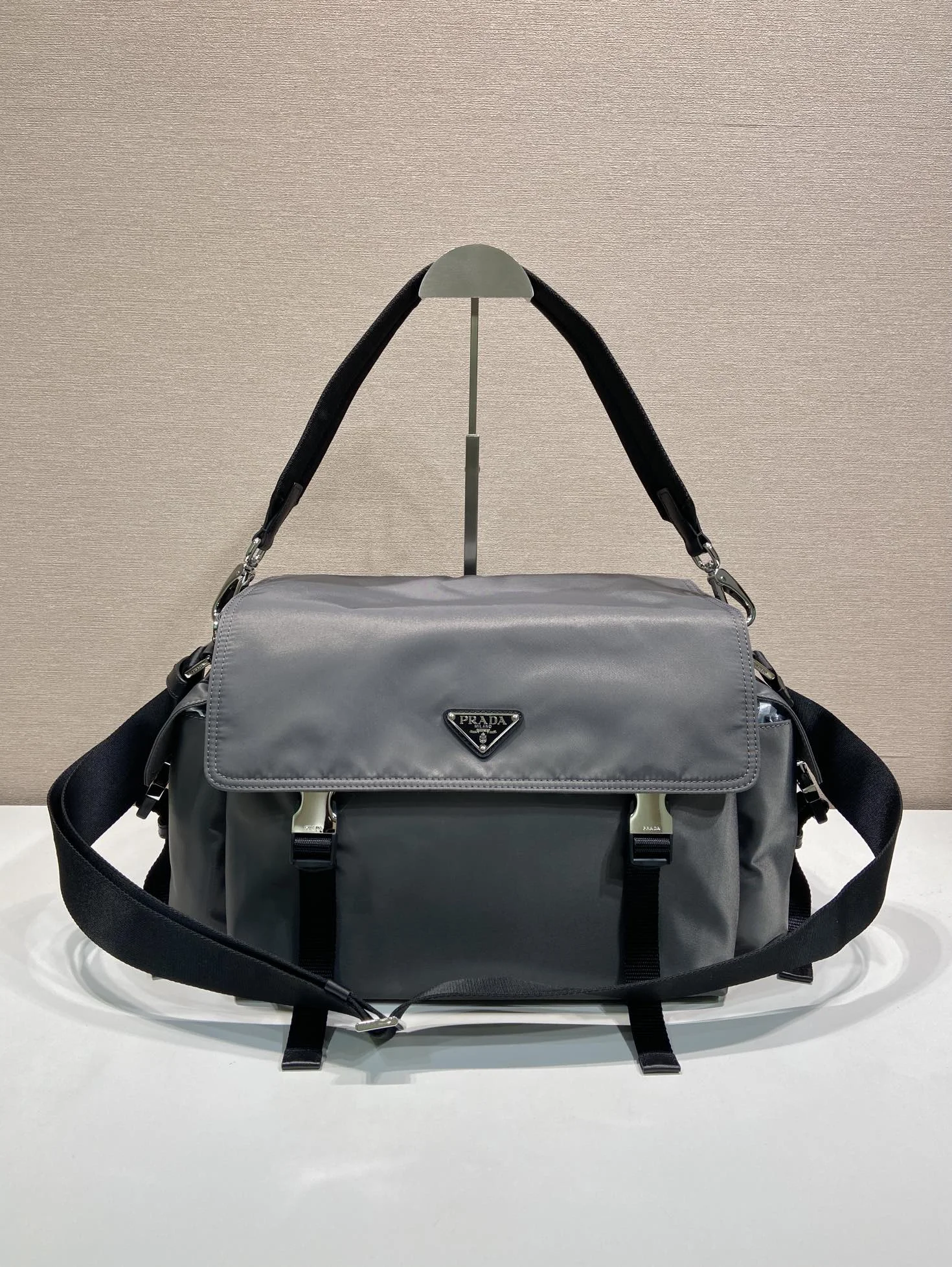 PRADA Messenger Bags Recycled Nylon Leather Grey-Black 42X22X20CM E2010060299
