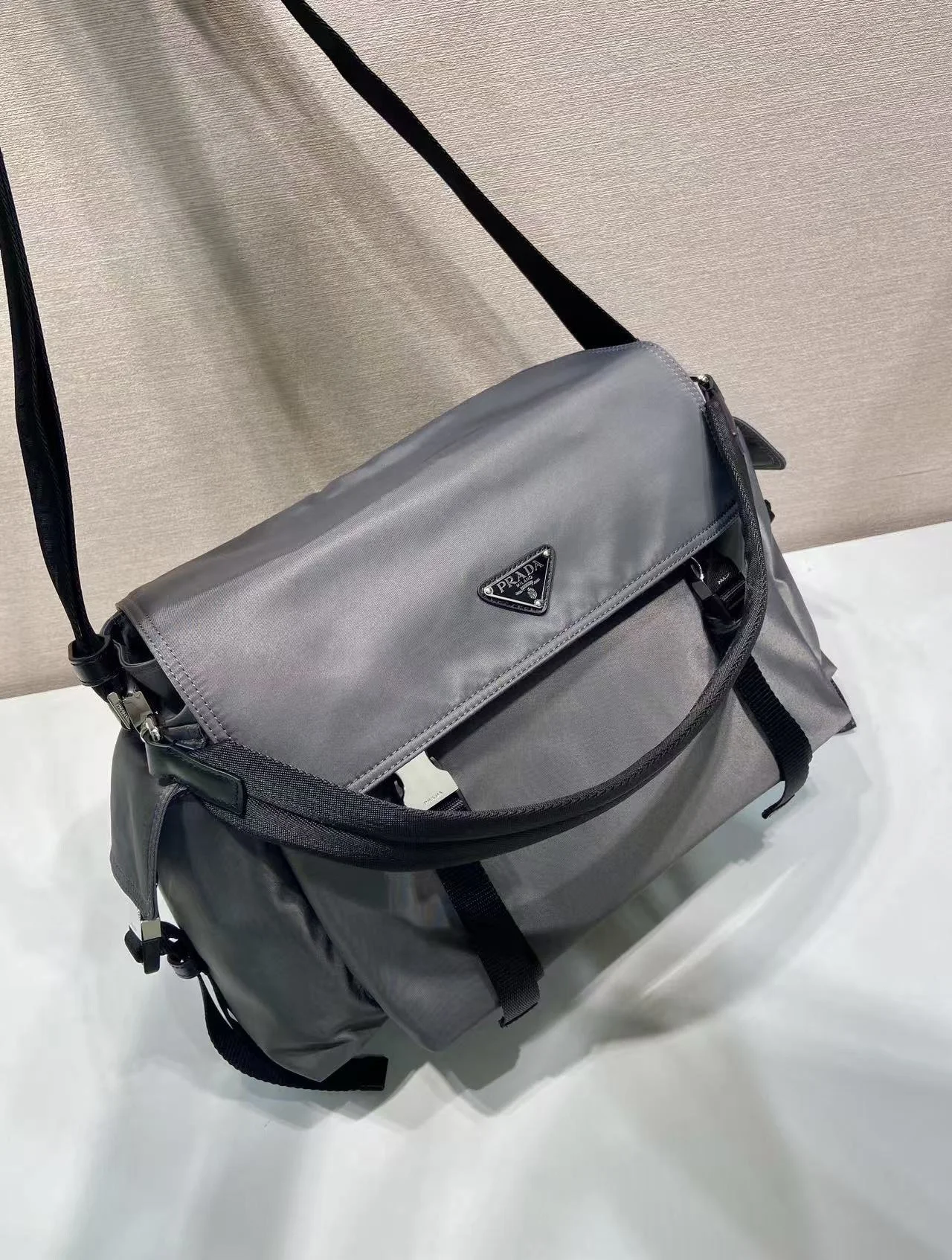 PRADA Messenger Bags Recycled Nylon Leather Grey-Black 42X22X20CM E2010060299 - Image 3