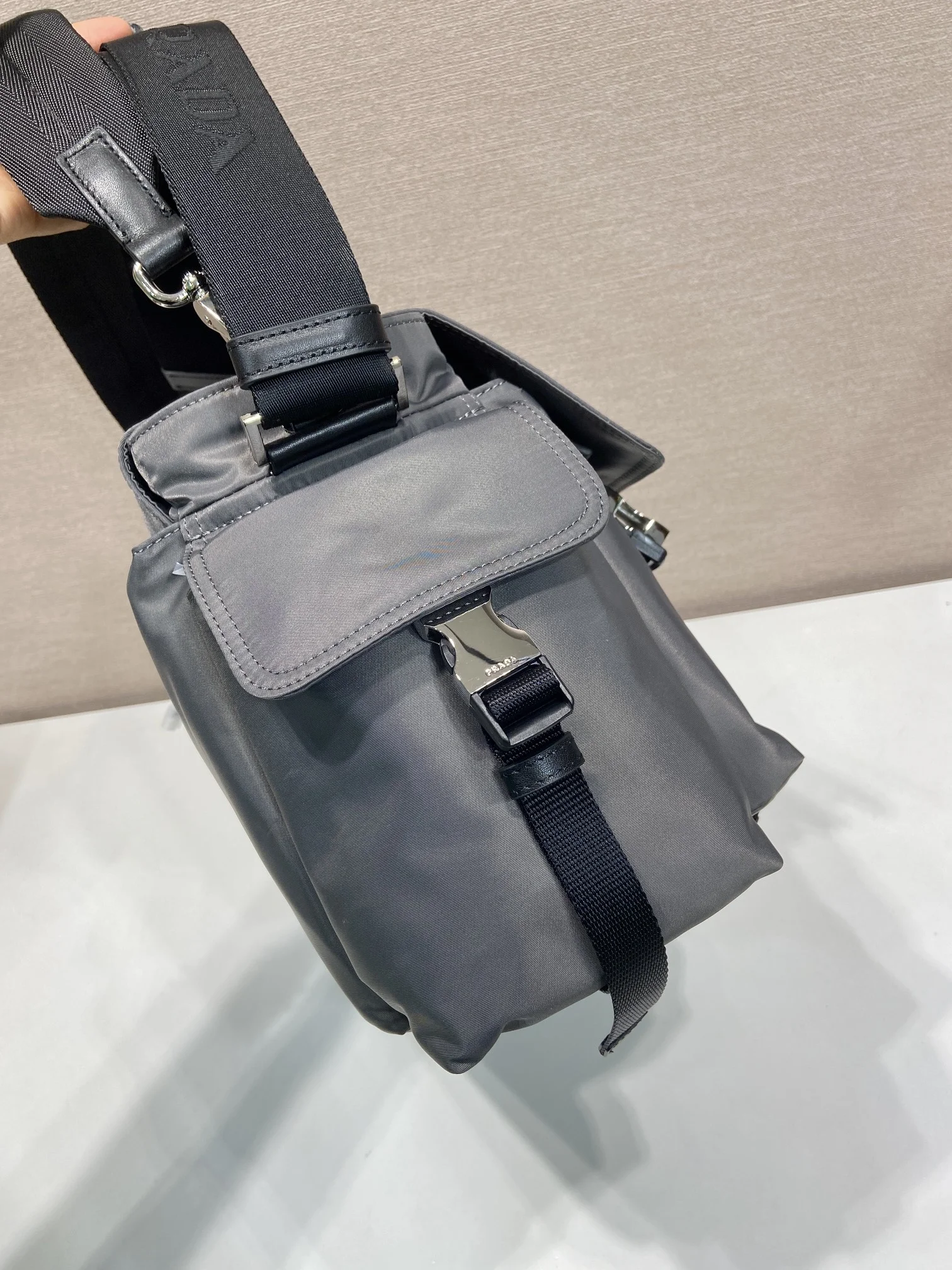 PRADA Messenger Bags Recycled Nylon Leather Grey-Black 42X22X20CM E2010060299 - Image 6