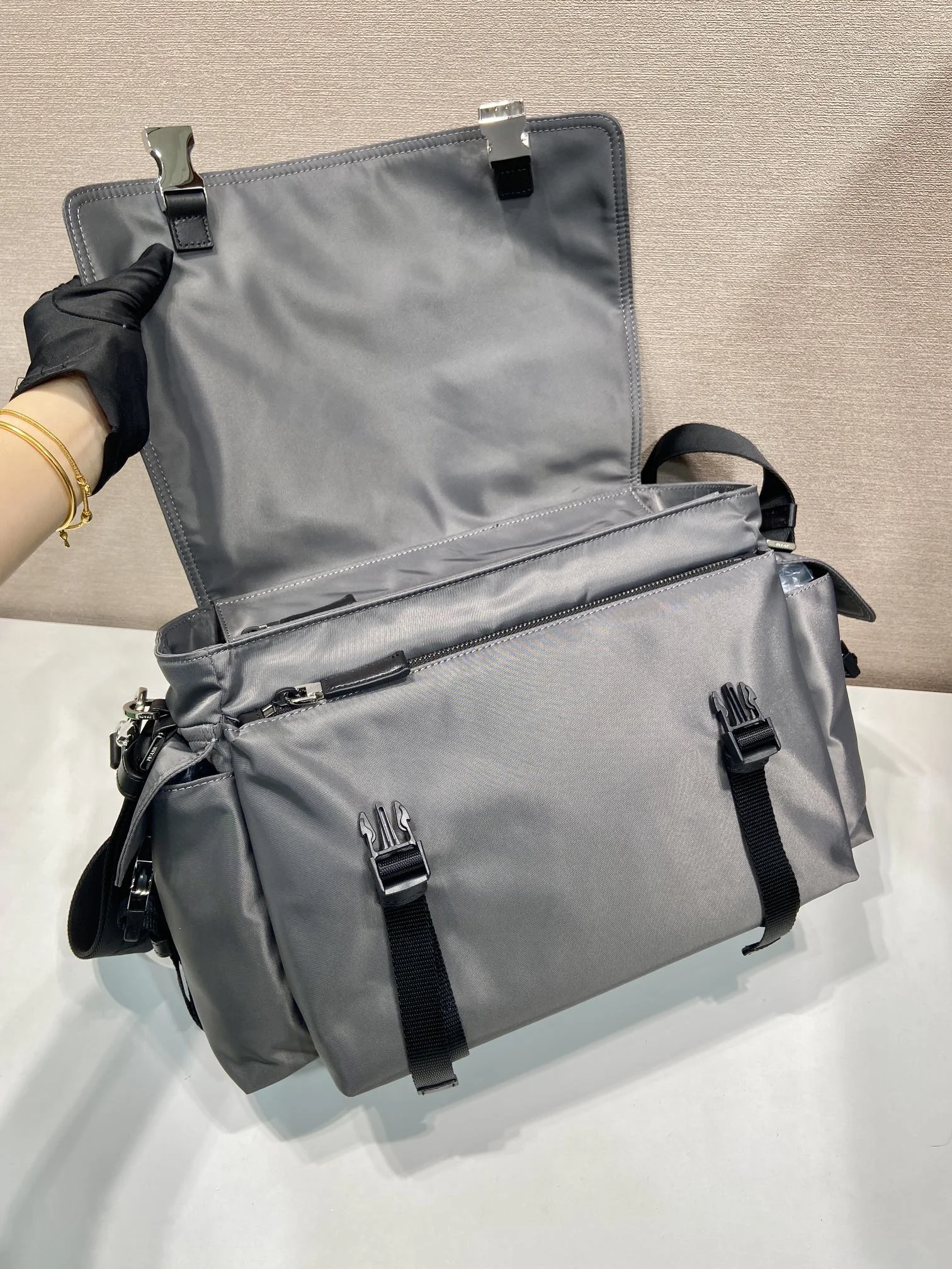 PRADA Messenger Bags Recycled Nylon Leather Grey-Black 42X22X20CM E2010060299 - Image 7