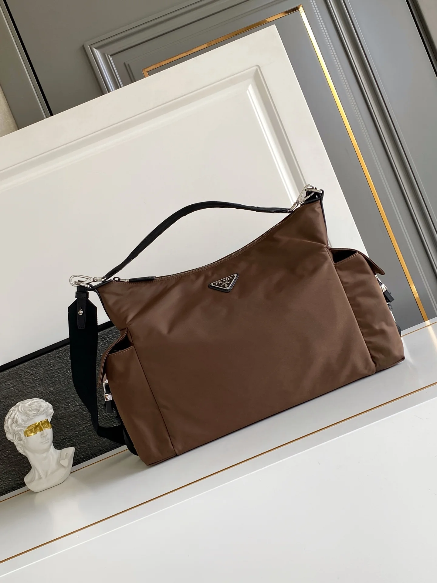 PRADA Shoulder Bags Nylon Leather Brown-Black 43X29.5X15CM D9010060379