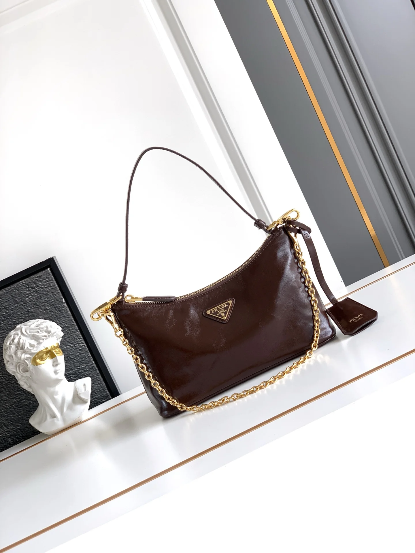 PRADA Shoulder Bags Waxed Leather Brown-Gold 22.5X13.5X9.5CM D9010060387
