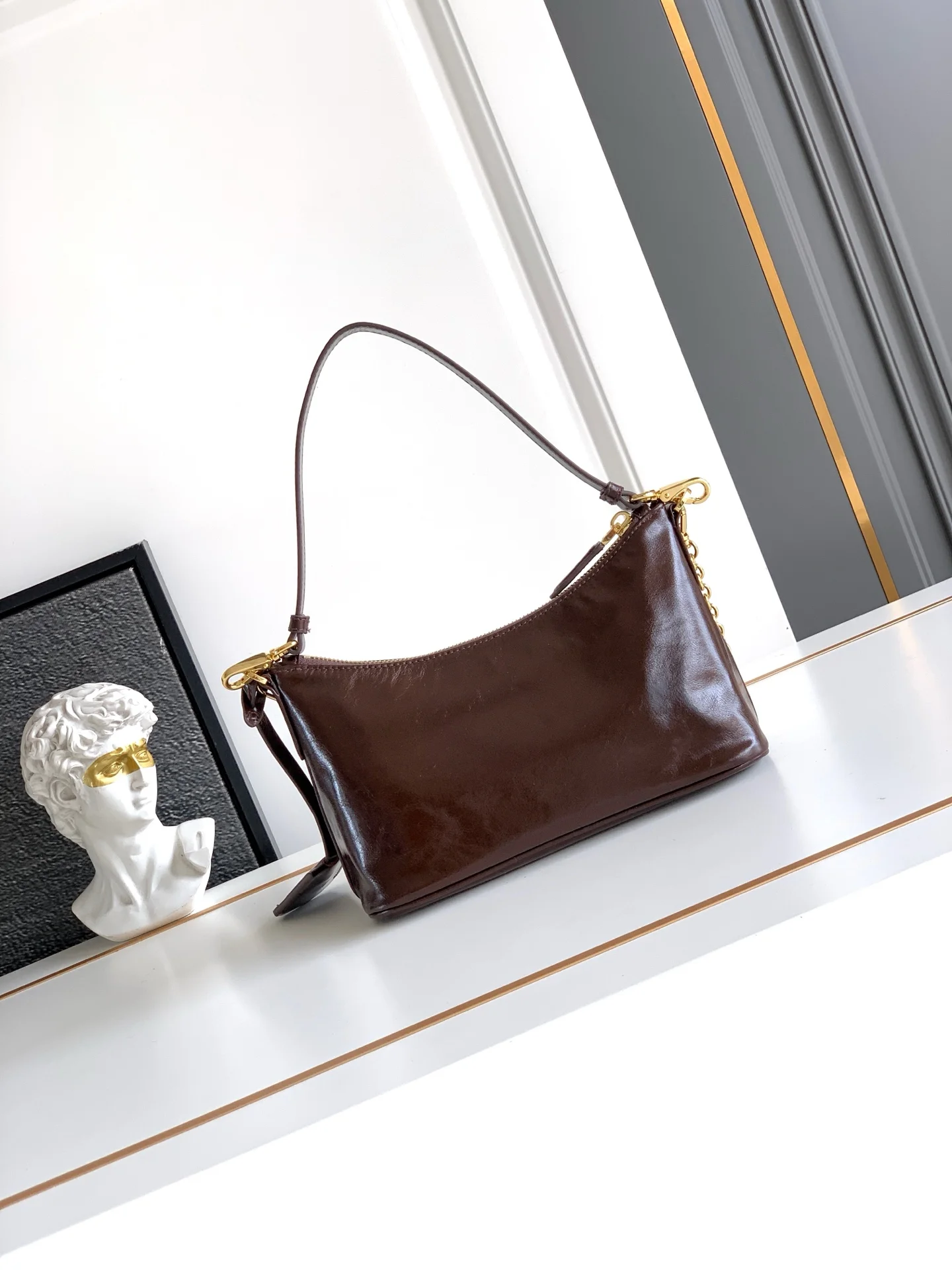 PRADA Shoulder Bags Waxed Leather Brown-Gold 22.5X13.5X9.5CM D9010060387 - Image 3