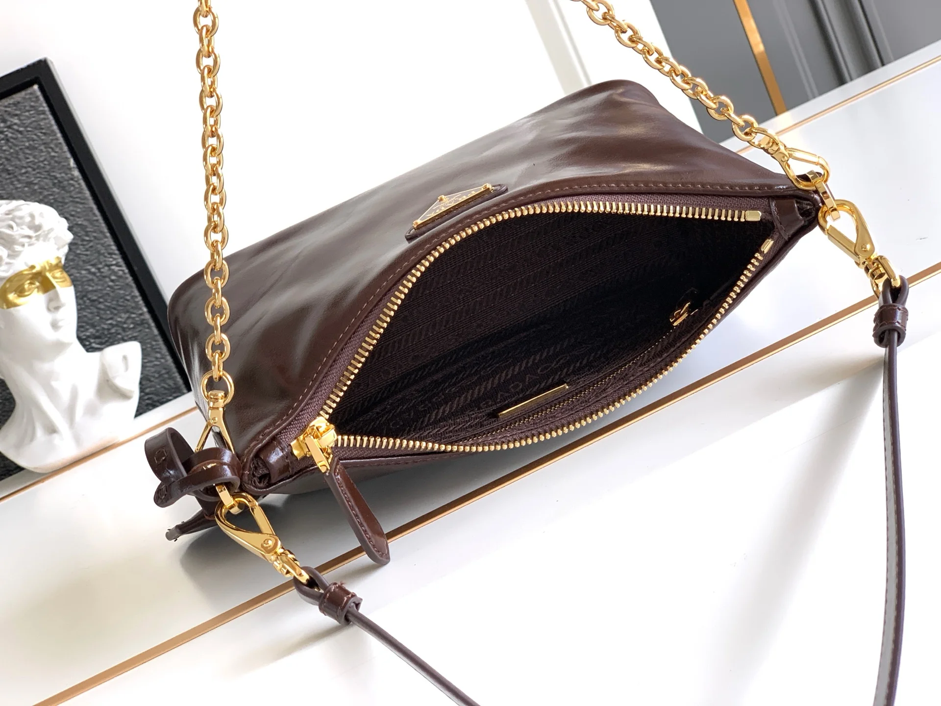PRADA Shoulder Bags Waxed Leather Brown-Gold 22.5X13.5X9.5CM D9010060387 - Image 8
