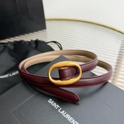 SAINT LAURENT Belts Italian Leather Burgundy-Gold 1.5cm Width A7010050081