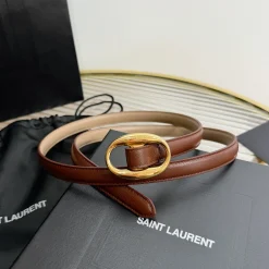 SAINT LAURENT Belts Leather Brown-Gold 1.5cm Width A7010050092