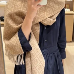 TORY BURCH Scarves Wool Cotton Beige-Navy 166X35 CM A1510071143