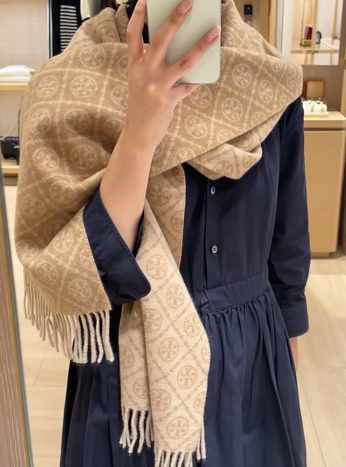 TORY BURCH Scarves Wool Cotton Beige-Navy 166X35 CM A1510071143