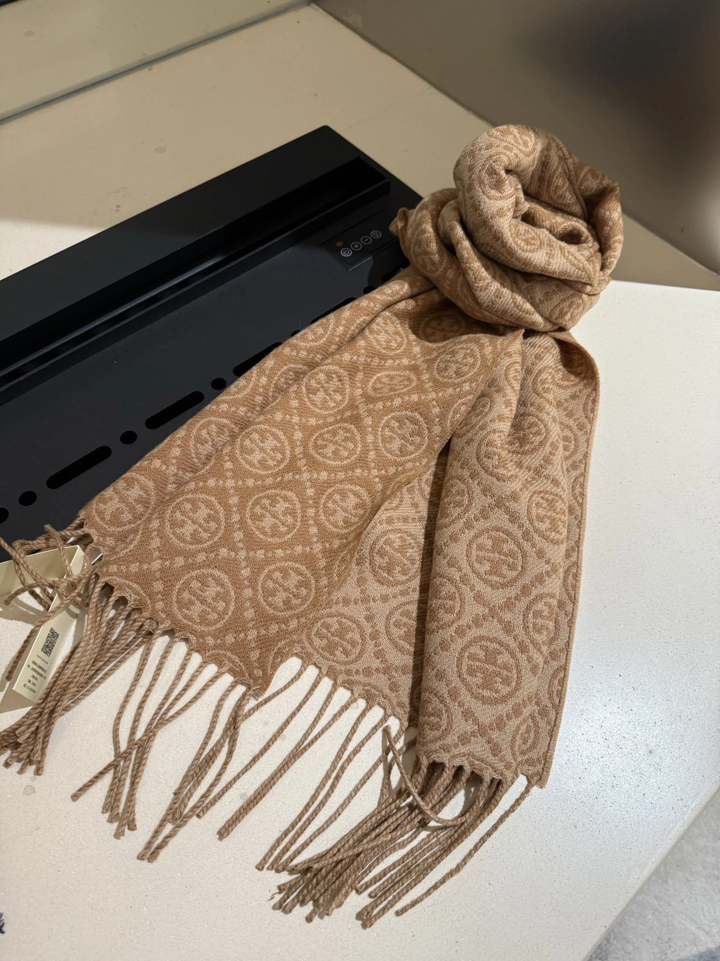 TORY BURCH Scarves Wool Cotton Beige-Navy 166X35 CM A1510071143 - Image 10