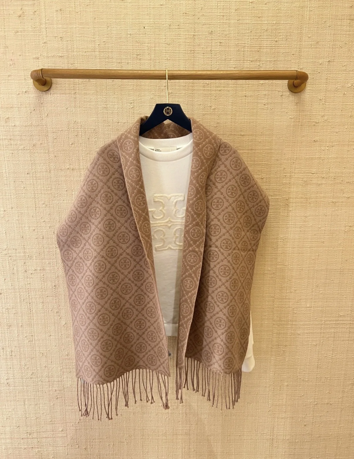 TORY BURCH Scarves Wool Cotton Beige-Navy 166X35 CM A1510071143 - Image 5