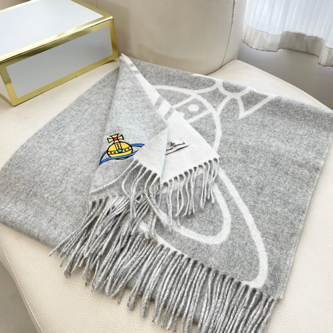 VIVIENNE WESTWOOD Scarves Wool Cashmere Grey-White One Size A3510071513 - Image 4