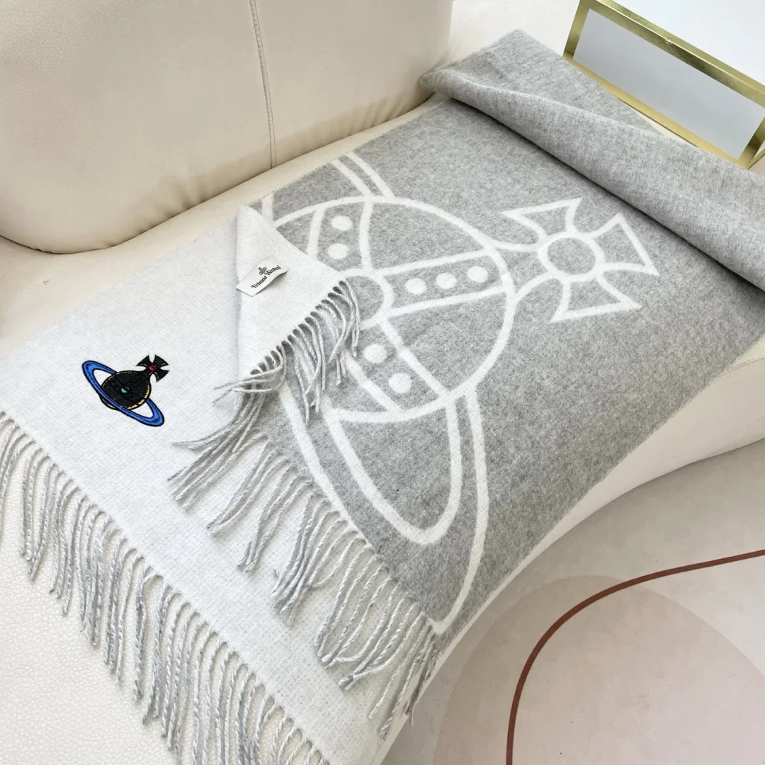 VIVIENNE WESTWOOD Scarves Wool Cashmere Grey-White One Size A3510071513 - Image 5
