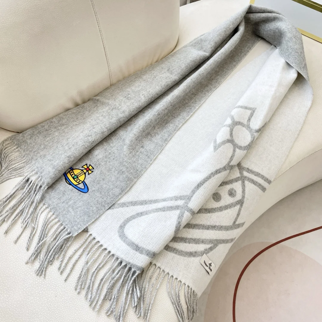 VIVIENNE WESTWOOD Scarves Wool Cashmere Grey-White One Size A3510071513 - Image 6