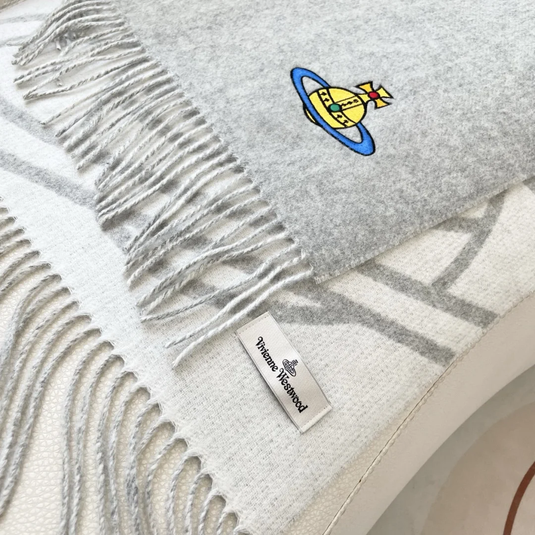 VIVIENNE WESTWOOD Scarves Wool Cashmere Grey-White One Size A3510071513 - Image 8